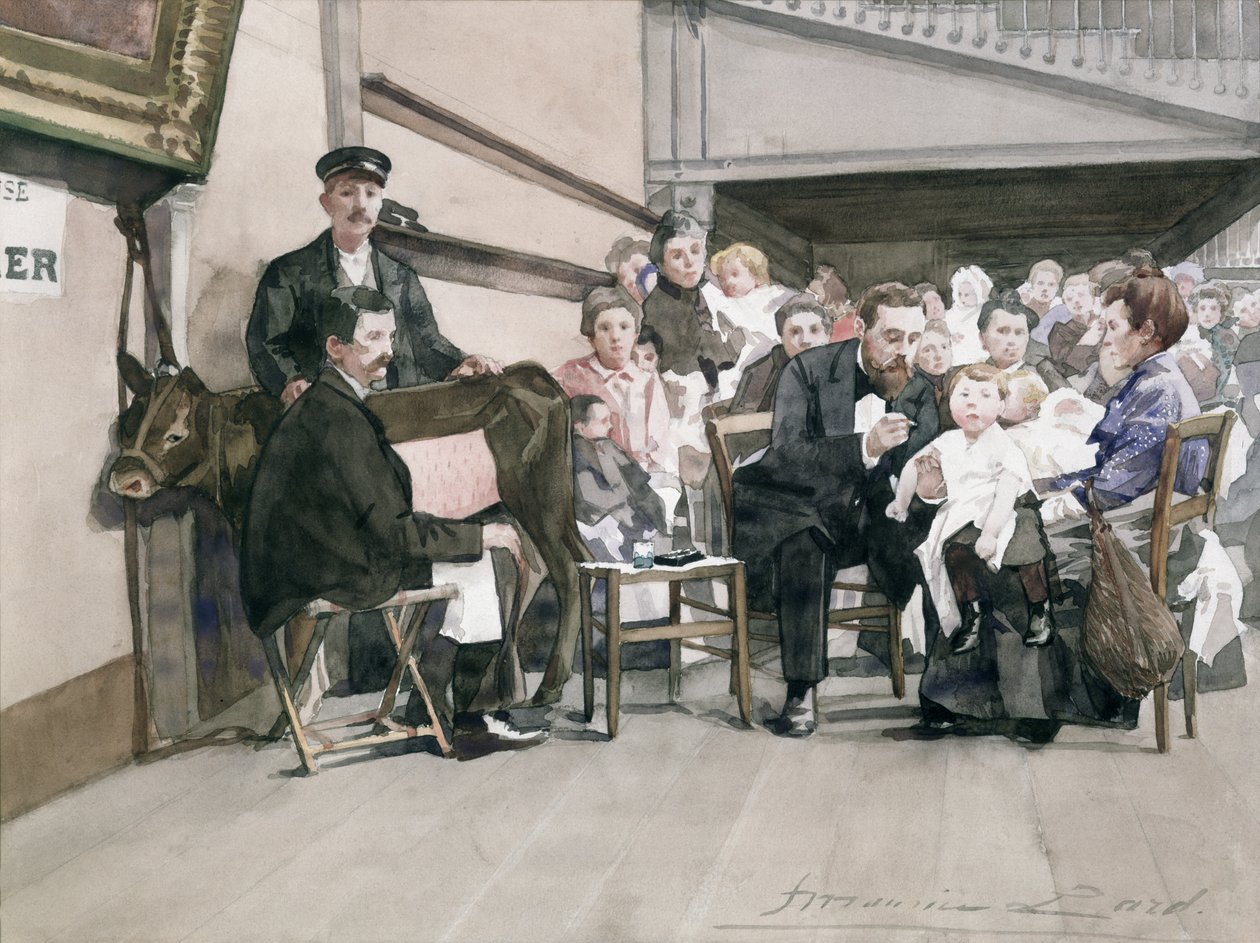 Vaksinasjon av spedbarn ved Institut de la Vaccine, Paris, ca. 1900 (wc på papir) av French School