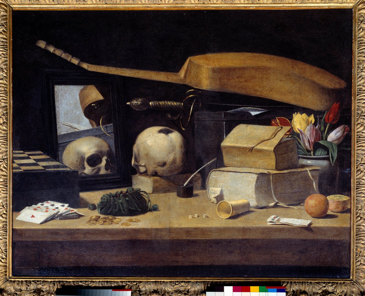 Vanitas Still Life (Vanite) med kortstokk, instrument og hodeskalle. Maleri av den franske skolen. 1600-tallet. Søn 0,72x0,9 m av French School