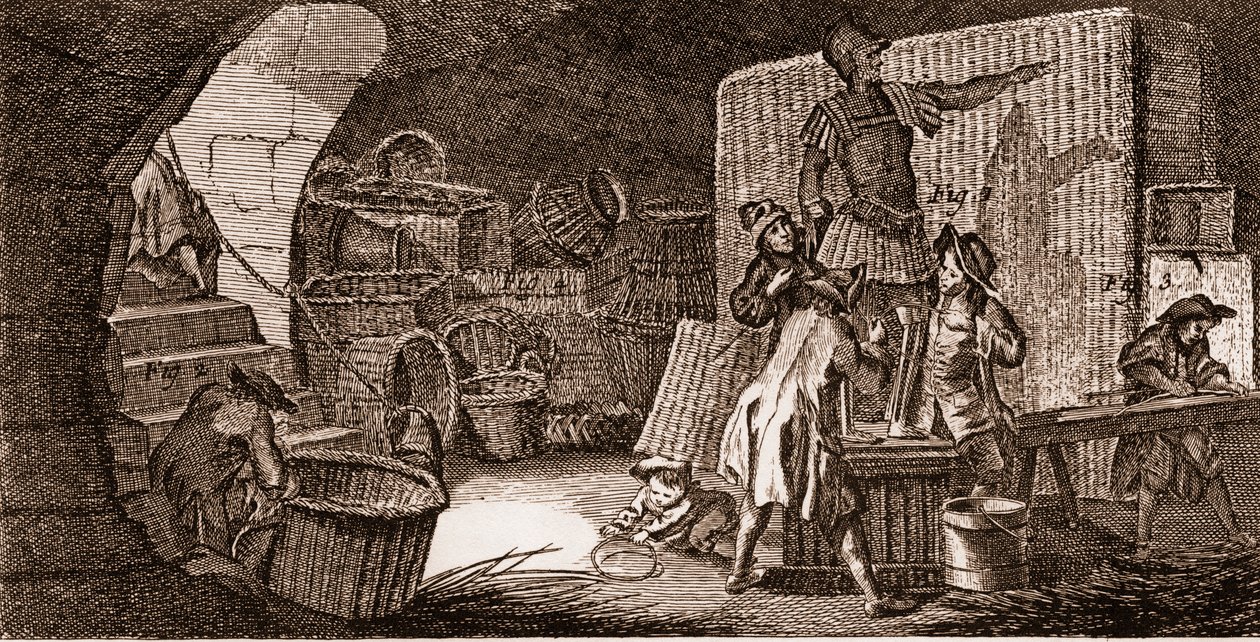 Vannier - verktøy - basketballmaker - "" The Great Encyclopedia, eller Dictionnaire Raisonne des Sciences, des Arts et des Metiers" (Encyclopedia or Dictionary of the Sciences, Arts and Professions) av Denis Diderot (1713-1784) og Jean d
