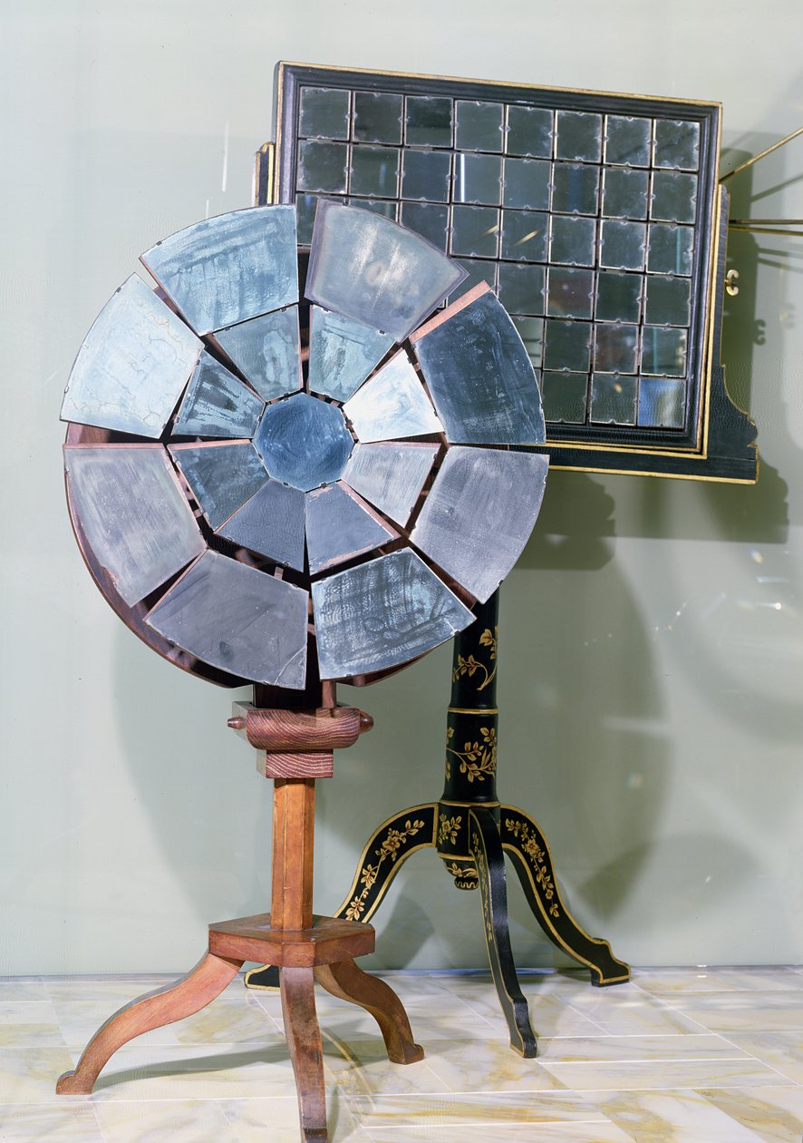 Variabelt fokusspeil designet av Jacques Alexandre Cesar Charles (1746-1823) og brukt av Georges Louis Leclerc (1707-88) Comte de Buffon i sine eksperimenter på fusjon av bly (tre og glass) av French School