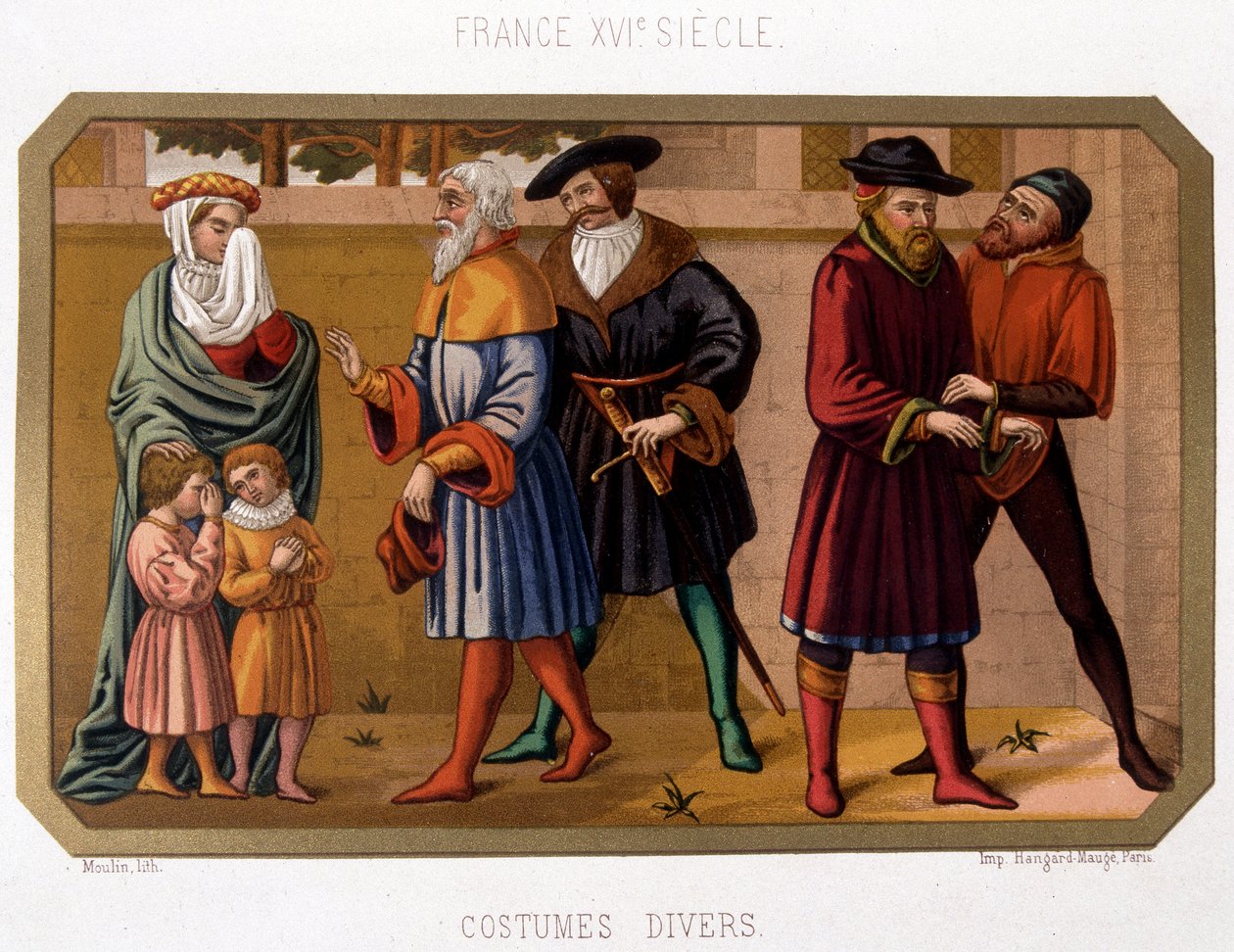 Ulike kostymer av borgerskapet på 1500-tallet - kromo. 1800-tallet basert på periodedokument av French School