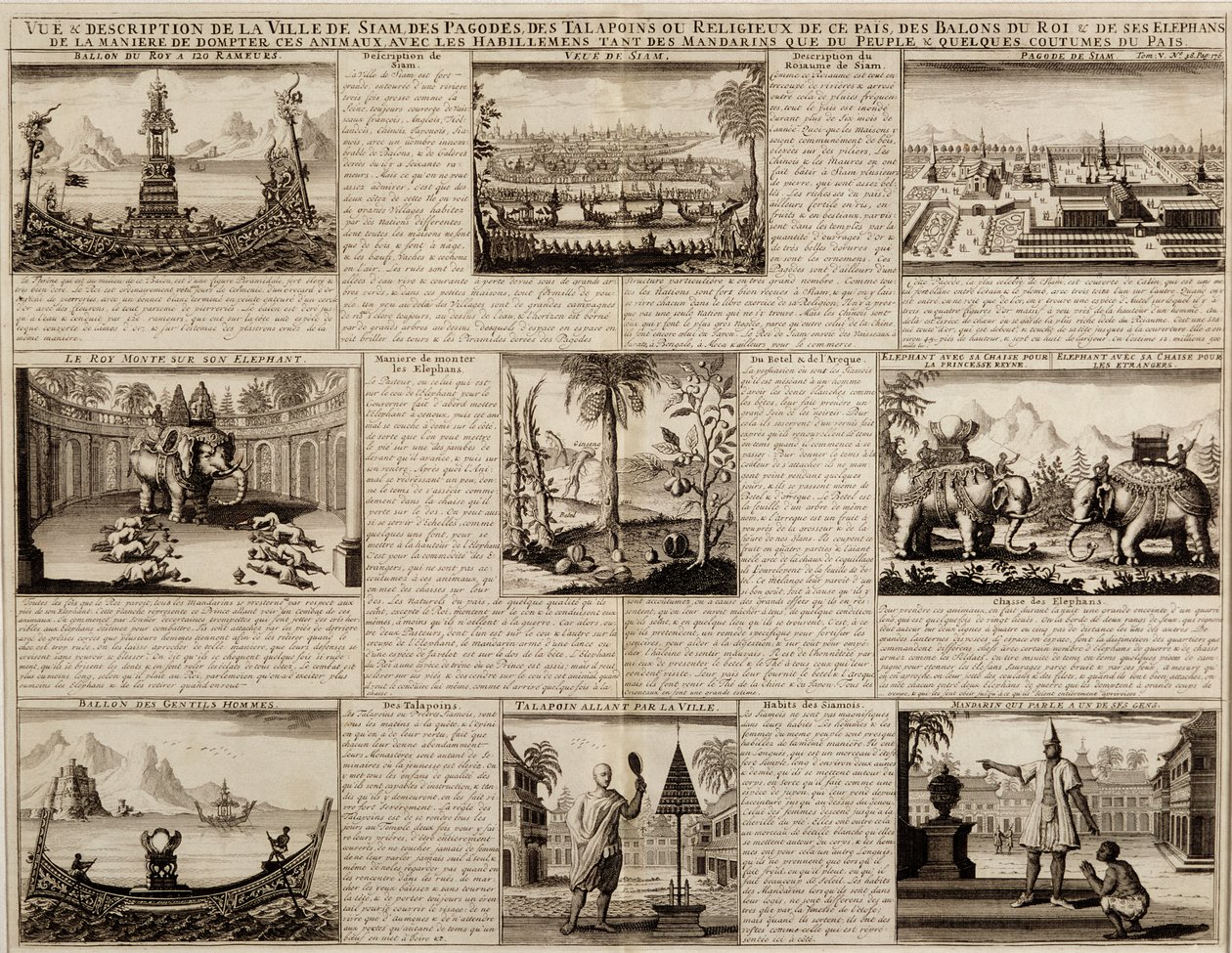 Ulike utsikter over Siam og Ayutthaya, fra Du Royaume de Siam av Simon de la Loubere, utgitt i 1688 av French School