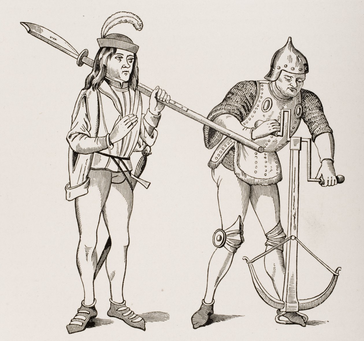 Varlet eller Squire som bærer en hellebard med tykk blad og en bueskytter som tegner en armbrøst med dobbelthåndsvinsj, etter en miniatyr fra 1400-tallet, fra Le Moyen Age et La Renaissance av Paul Lacroix ( av French School