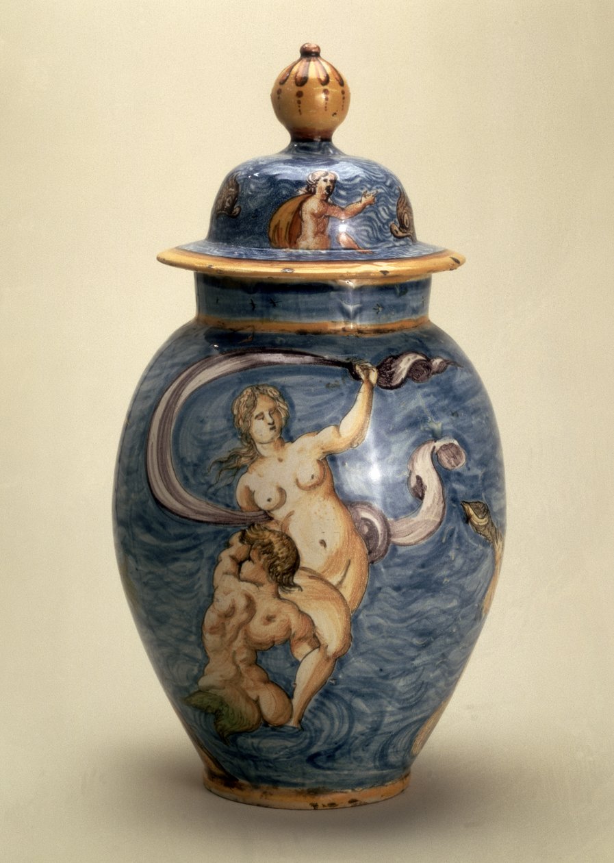 Vase, dekorert med sjøguder, Nevers, tidlig på 1600-tallet (maiolica med polykrom maleri) av French School