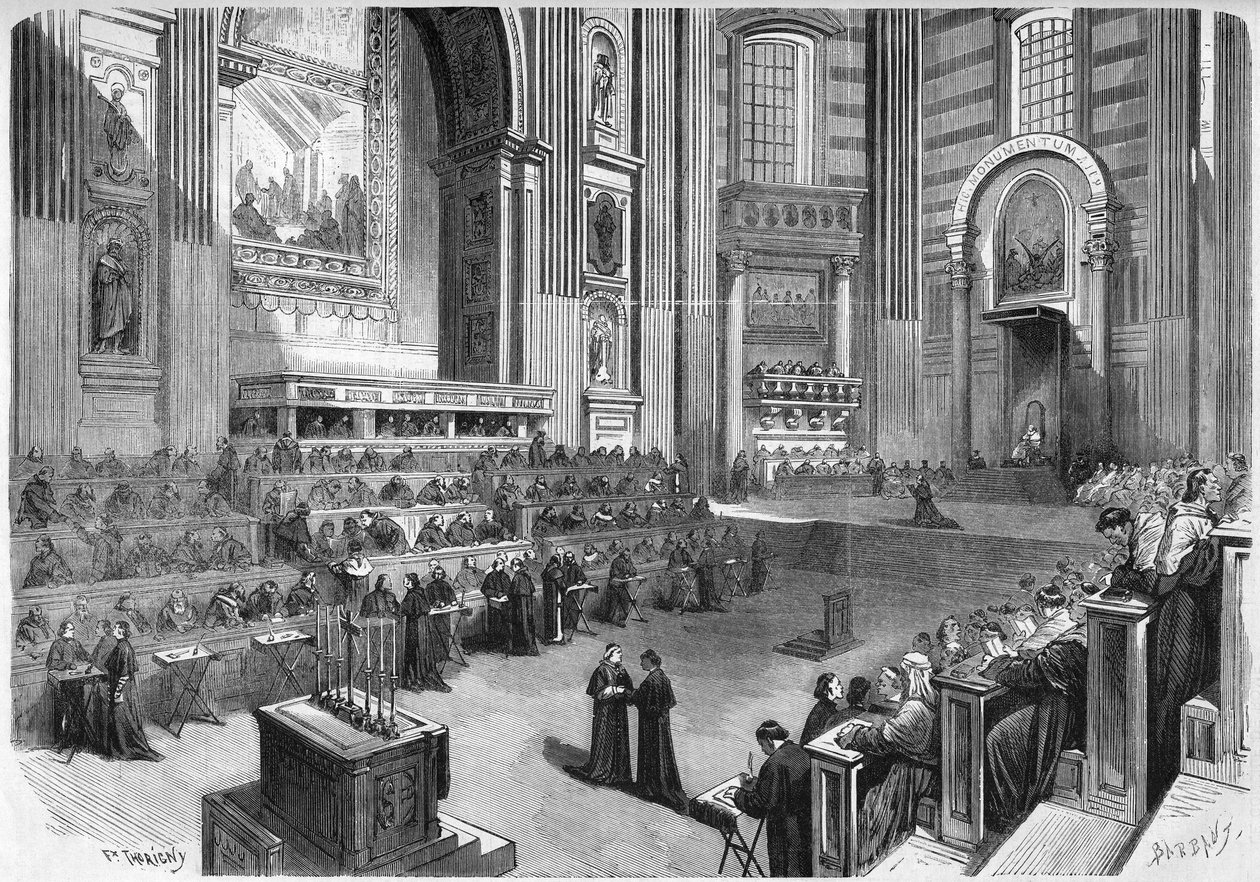 Vatikankonsil 1 (1869-1870): Første møte holdt 9. desember 1869 i høyre del av tverrskipet til St. Peter-kirken i Roma. Gravering i "" Le Monde Illustré"" nr. 663 av 25. desember 1869. av French School