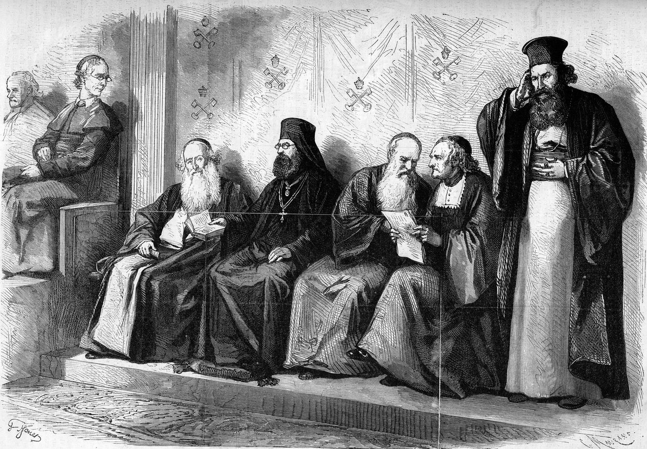 Vatikankonsil 1 (1869-1870): patriarker og archimandrites under presynodale audiens i Det sixtinske kapell i Roma. desember 1869. Gravering i "" Le Monde Illustré"" nr. 662 av 19. desember 1869. av French School