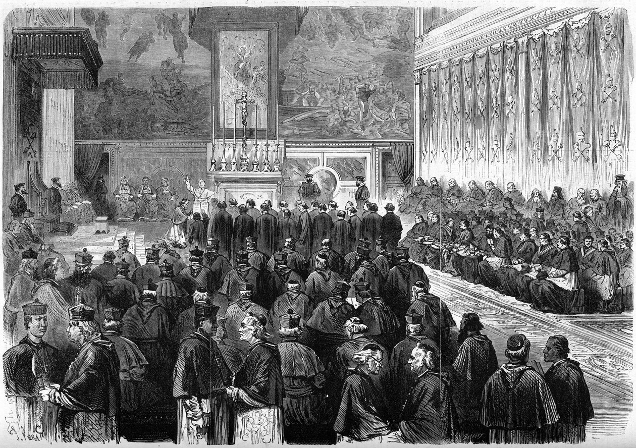 Vatikankonsil 1 (1869-1870): prosynodalt publikum i Det sixtinske kapell i Roma. Pave Pius IX (1792-1878) mottok eden til marekalenes seret og embetsmennene i rådet. desember 1869. Gravering i "" Le Monde Illustré"" nr. 662 av 19. des. av French School