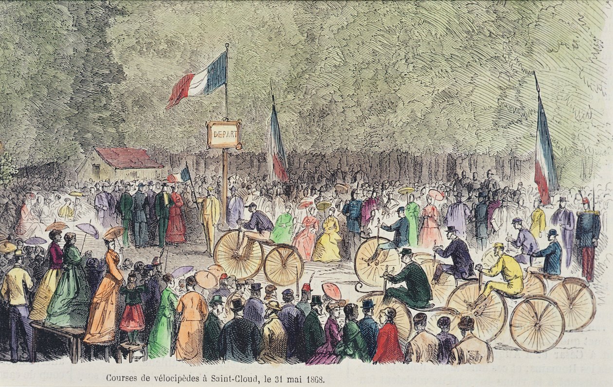 Velocipede-løp i Saint-Cloud, 31. mai, 1808 (fargegravering) av French School