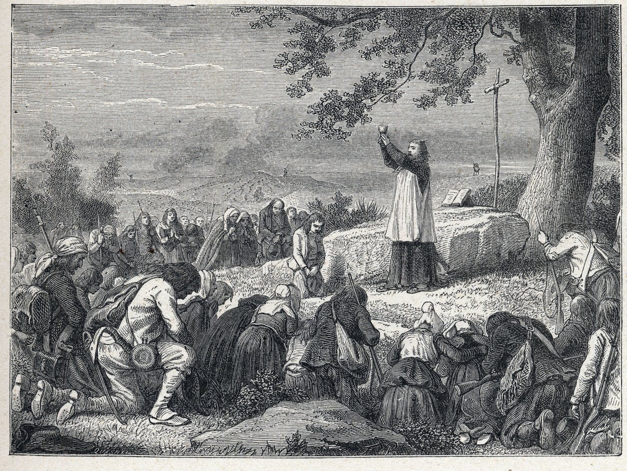 Vendee Wars (1793-1796): Priest inserts celebrating a mass under an oak for the insurgent population who reject sworn priests. Engraving from 1889. Private collection. av French School