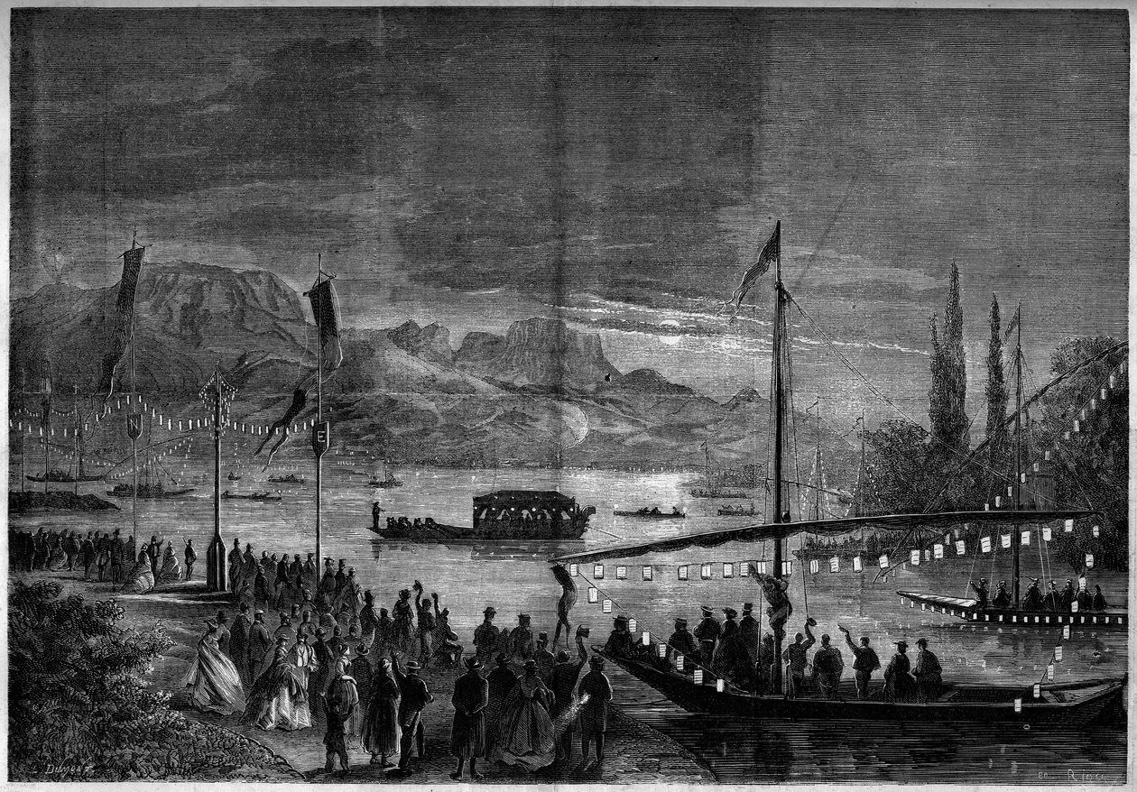 Venetiansk fest ved Annecysjøen i anledning besøket til Napoleon III og imponen Eugenie de Montijo. Annecy, Haute Savoie (74) av French School