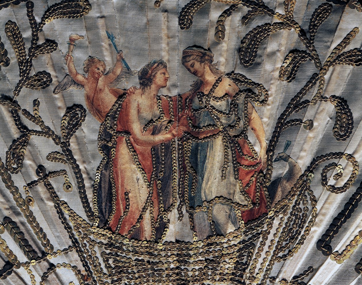 Venus og Juno, detalj av silkeblad av håndvifte, broderi og paljetter, sølvdemascenert gjennomboret benbeskyttelsespinne av French School