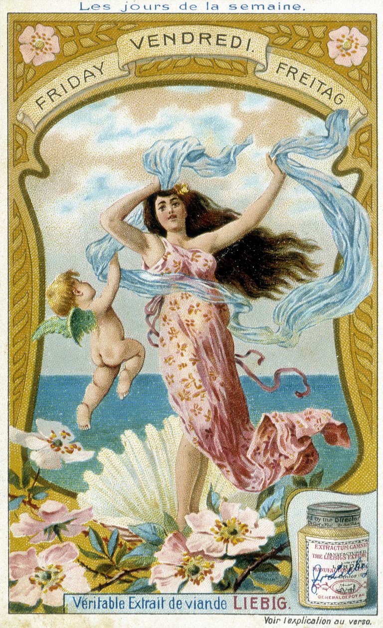 Venus illustrerer fredag. Liebig kromolitografisk reklamekort. av French School