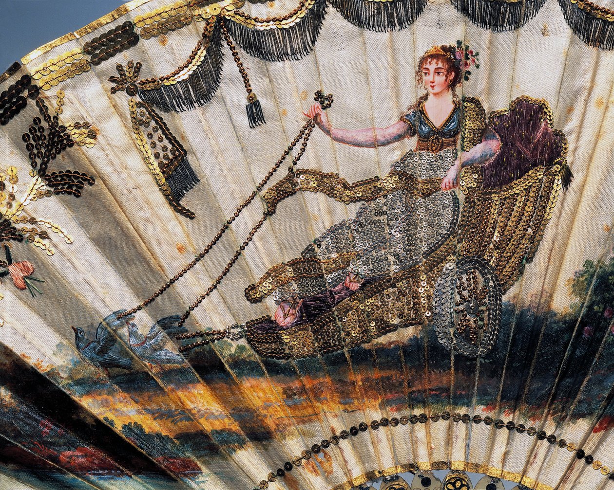 Venus på vognen hennes, detalj av kveldshåndvifte med malt silkeblad og brodert med paljetter og bladgull av French School