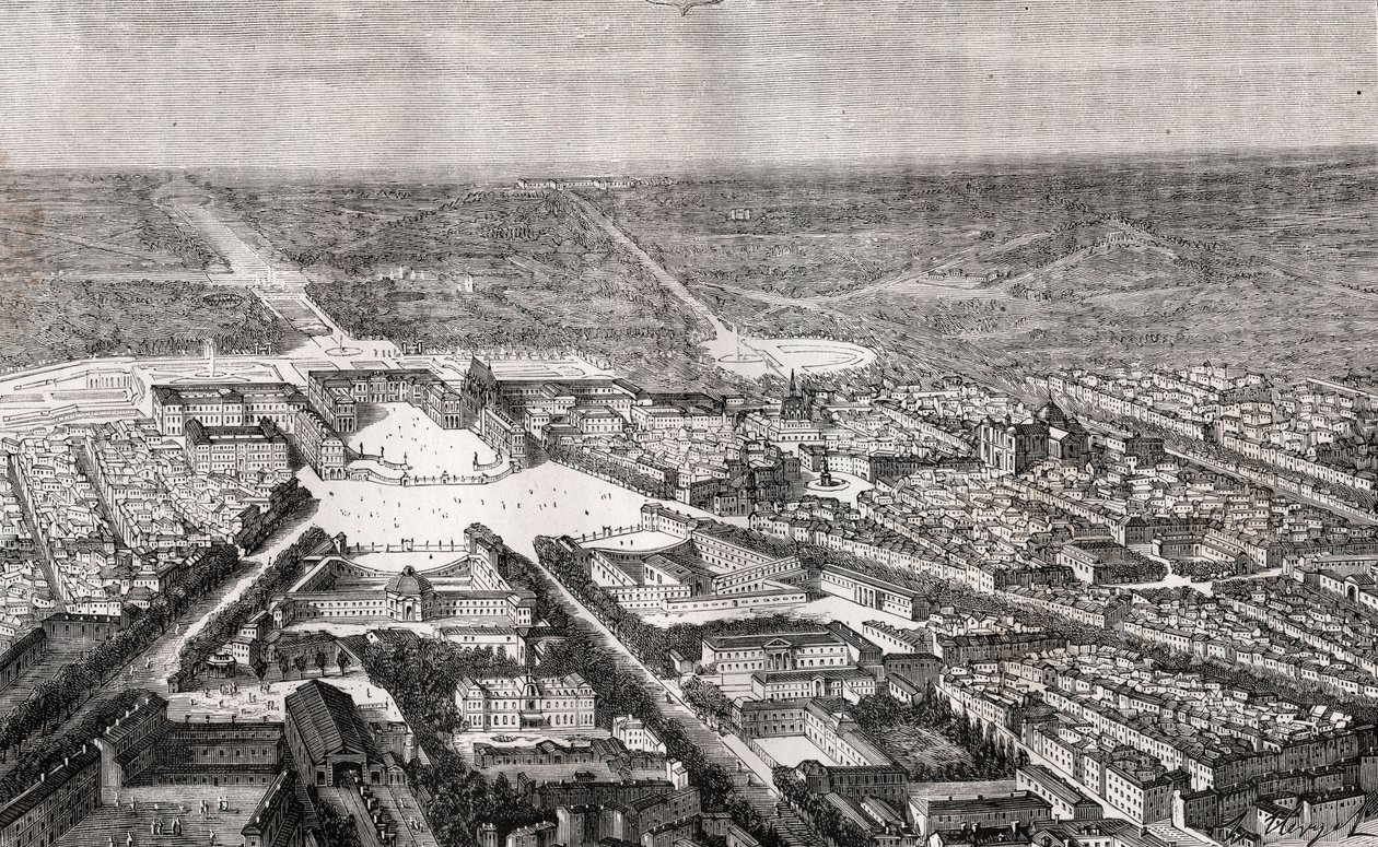 Versailles med sitt slott på 1800-tallet - gravering i "La France illustree: geografi, historie, statistisk administrasjon" av V.A. Malt-brun. 1884 av French School