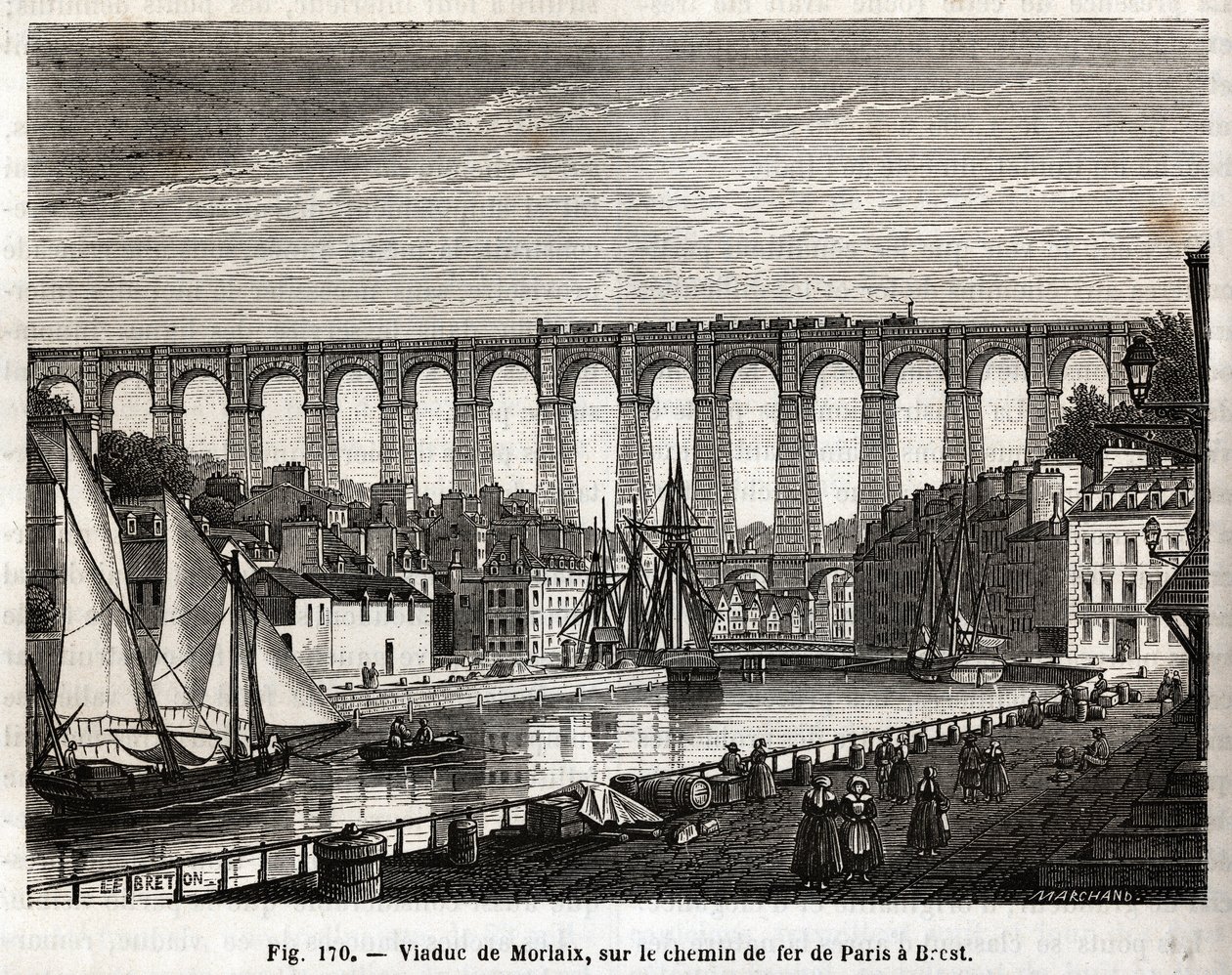 Morlaix Viaduct, på jernbanen fra Paris til Brest (Frankrike). Gravering av Lebreton et Marchand, i "" Les Merveilles de la Science"" av Louis Figuier (1819-1894), Jouvet et Cie-utgaven av French School