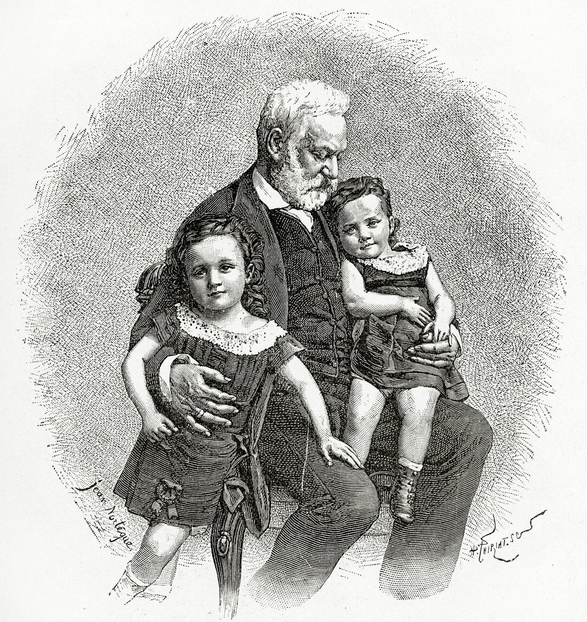 Victor Hugo og hans barnebarn, 1800-tallet (bw-gravering) av French School