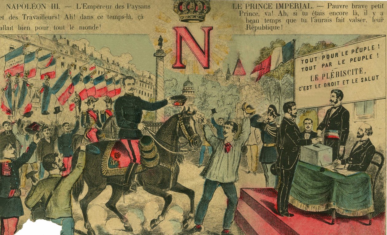 Victor Napoleon (1862-1926) i spissen for bonapartistenes tilhengere, den siste arvingen etter Napoleon I måtte gå i eksil etter en lov vedtatt av Den tredje republikk i 1886. Gravering, i “” Le Figaro, supplement””, på 30.03.1889, Paris. av French School