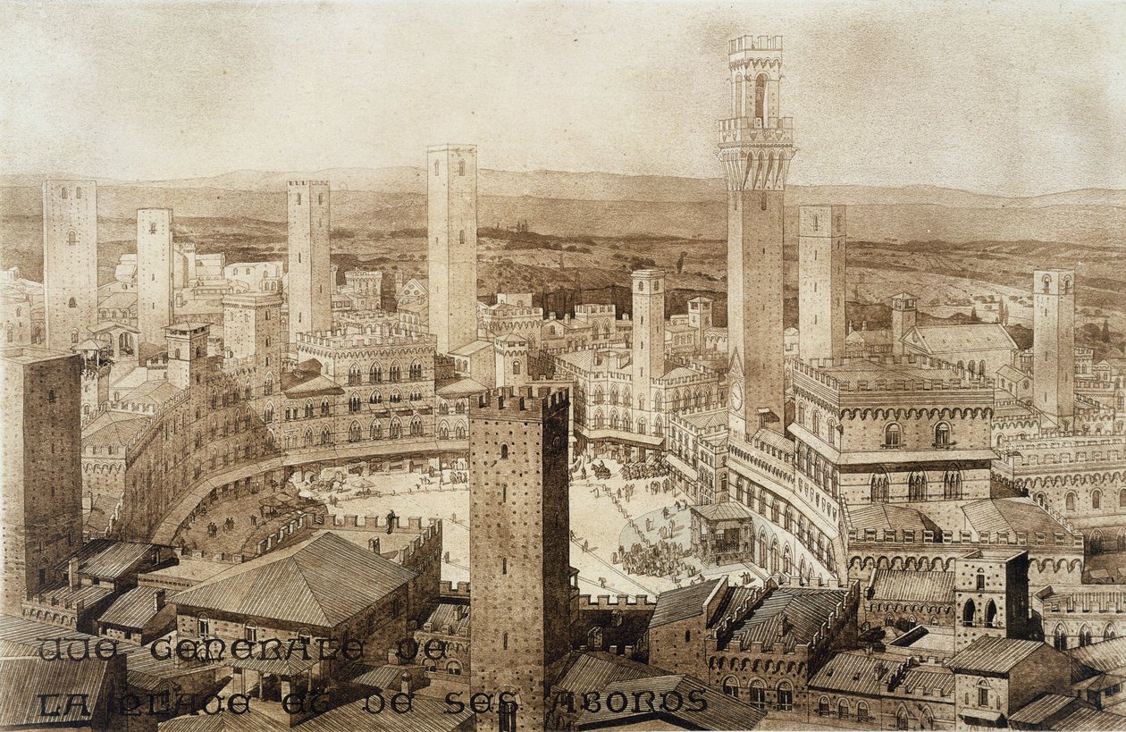 Utsikt over Siena, fra fragmenter av middelalder- og renessansearkitektur, gravert av Jules Adolphe Chauvet (f.1828) av French School