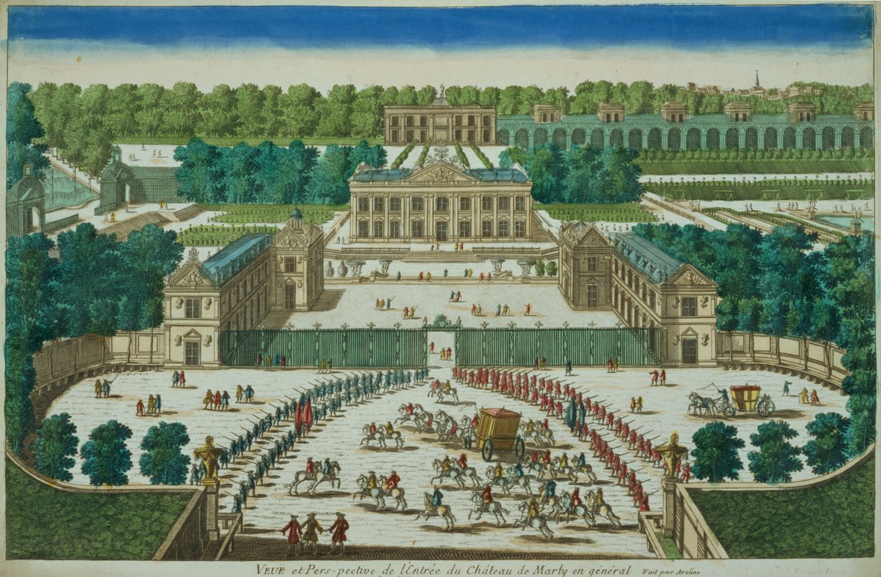 Utsikt og perspektiv på inngangen til Chateau of Marly, gravert av Antoine Aveline (1691-1743) av French School