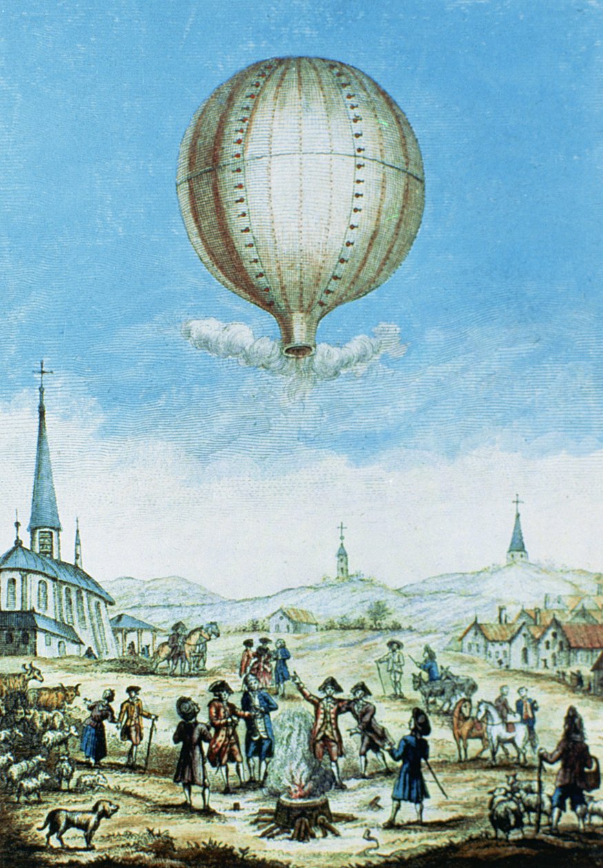 Utsikt over Annonay i Vivarais og den første flyturen til Montgolfier-brødrenes varmluftsballong i 1783 (fargegravering) av French School