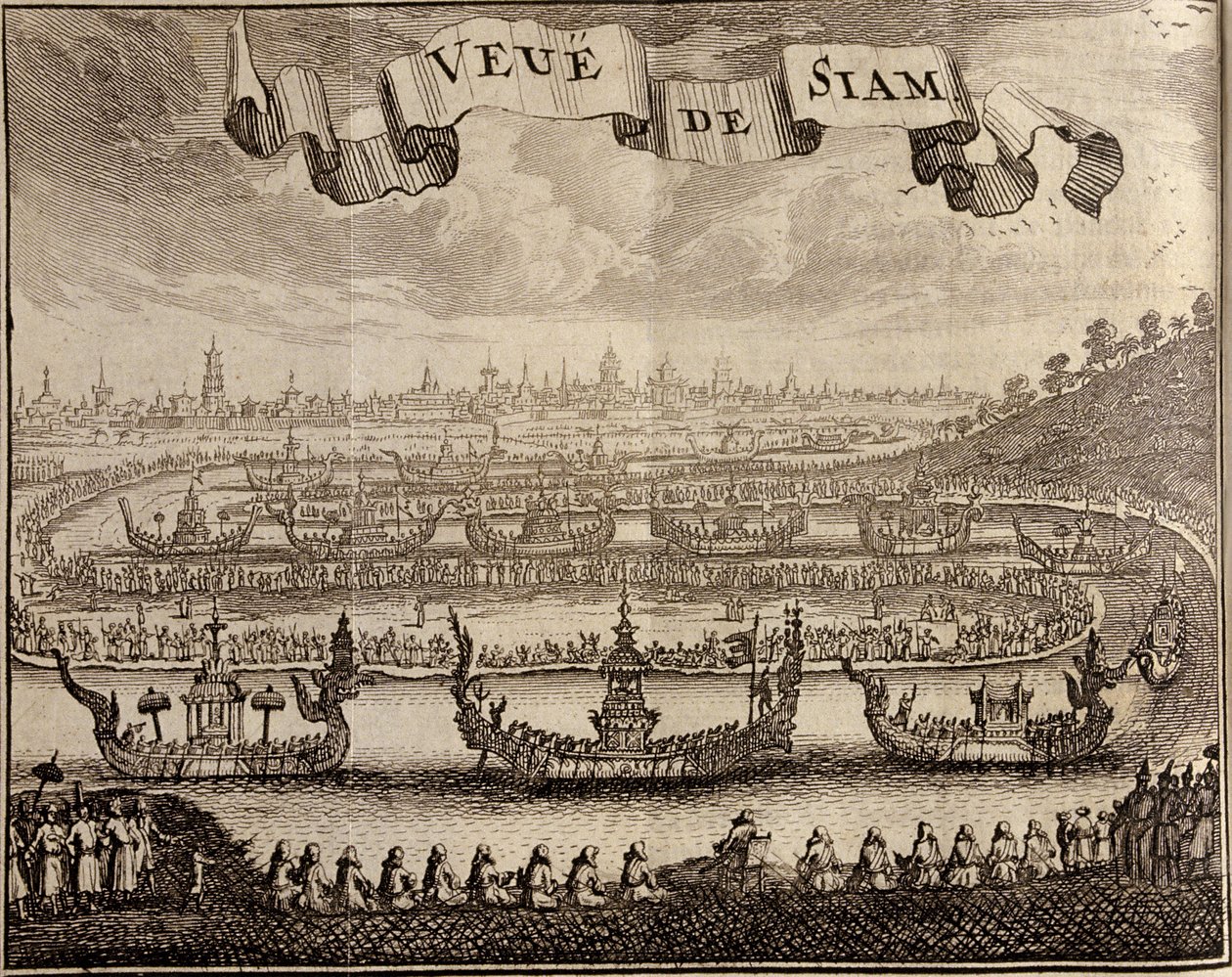 Utsikt over Ayutthaya med kongelige lektere, fra Voyage du Siam des Peres Jesuites av Guy Tachard, 1688 av French School
