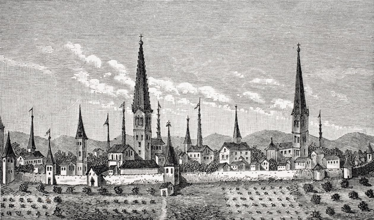 Utsikt over Dortmund, etter et kobberstikk i 'Theatrum Geographicum' av P. Bertius, fra 'Le Moyen Age et la Renaissance' av Paul Lacroix (1806-84) utgitt 1847 av French School