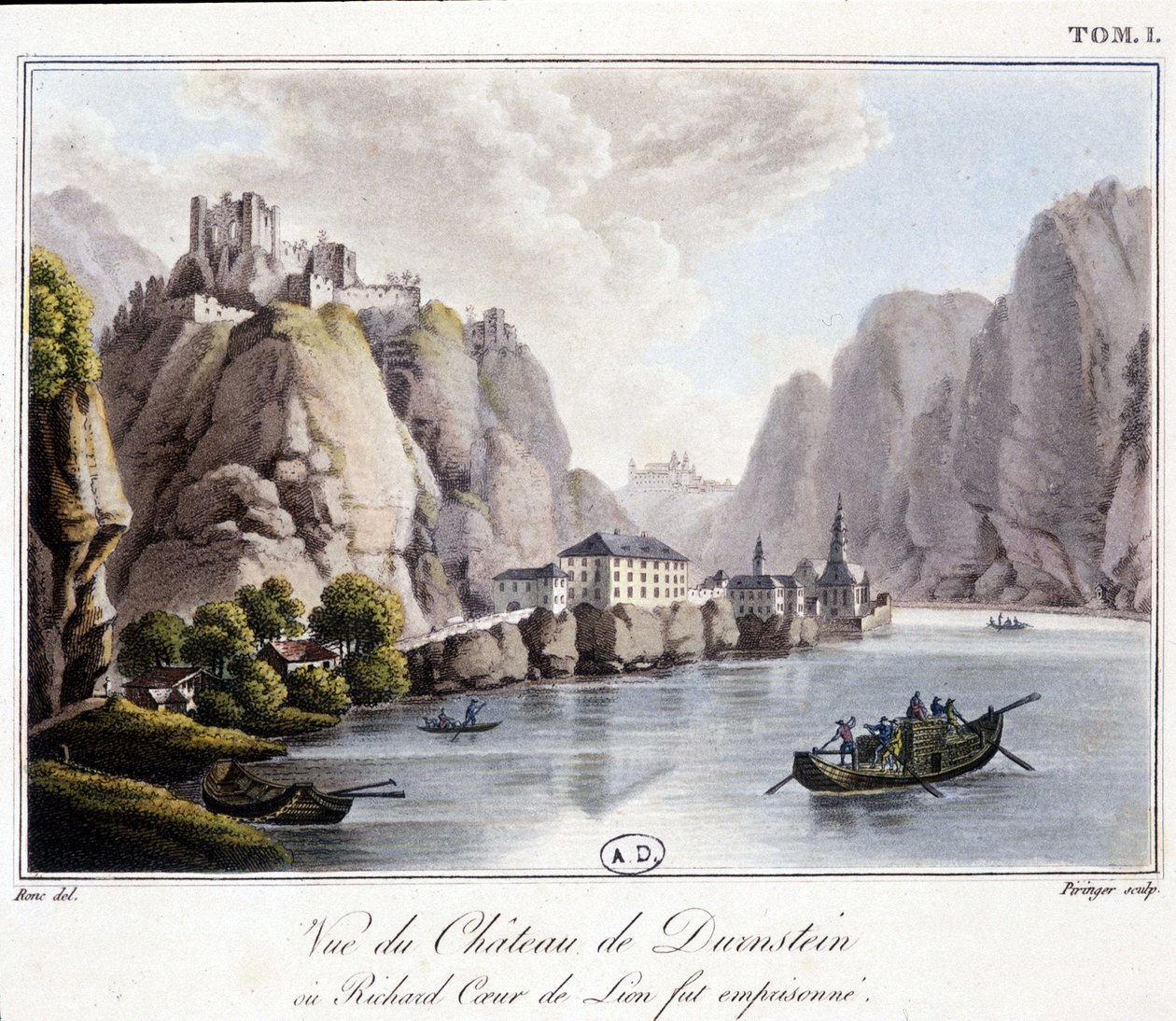 Utsikt over Durnstein Castle (hvor Richard Lion's Heart ble fengslet) - i "" Pittoresk reise i Østerrike"" av grev Alexandre de Laborde, Paris, Didot den eldste av French School