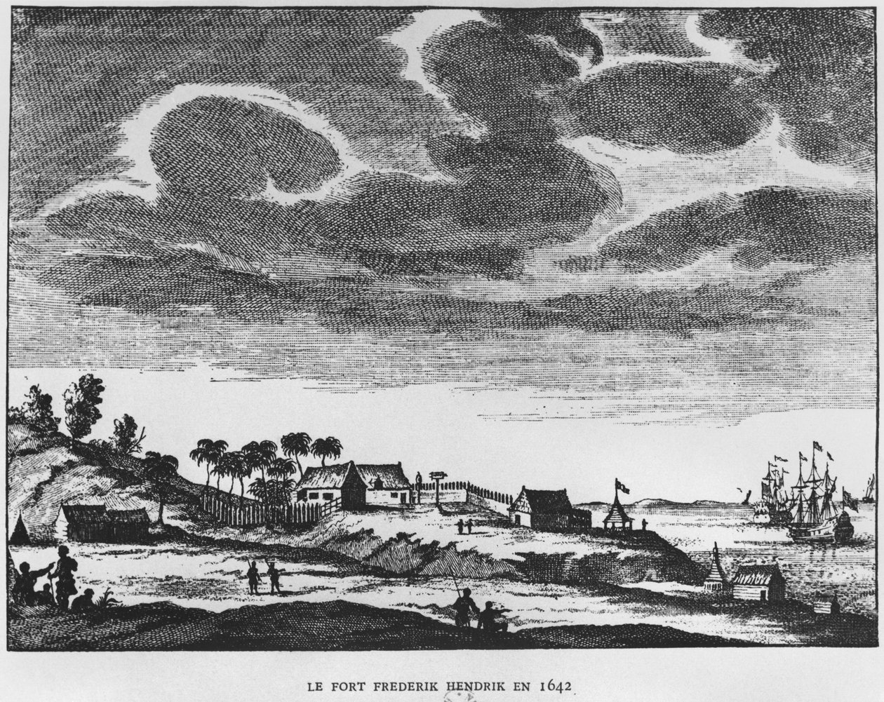 Utsikt over Fort Frederik Hendrik, Mauritius, i 1642, illustrasjon fra Le Premier Etablissement Neerlandais a Maurice av prins Roland Bonaparte (1858-1924) 1890 av French School