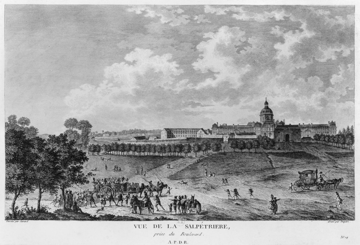Utsikt over Hopital La Salpetriere, transport av prostituerte, Paris, gravert av Duparc, etter en tegning av Savard, ca. 1790 av French School