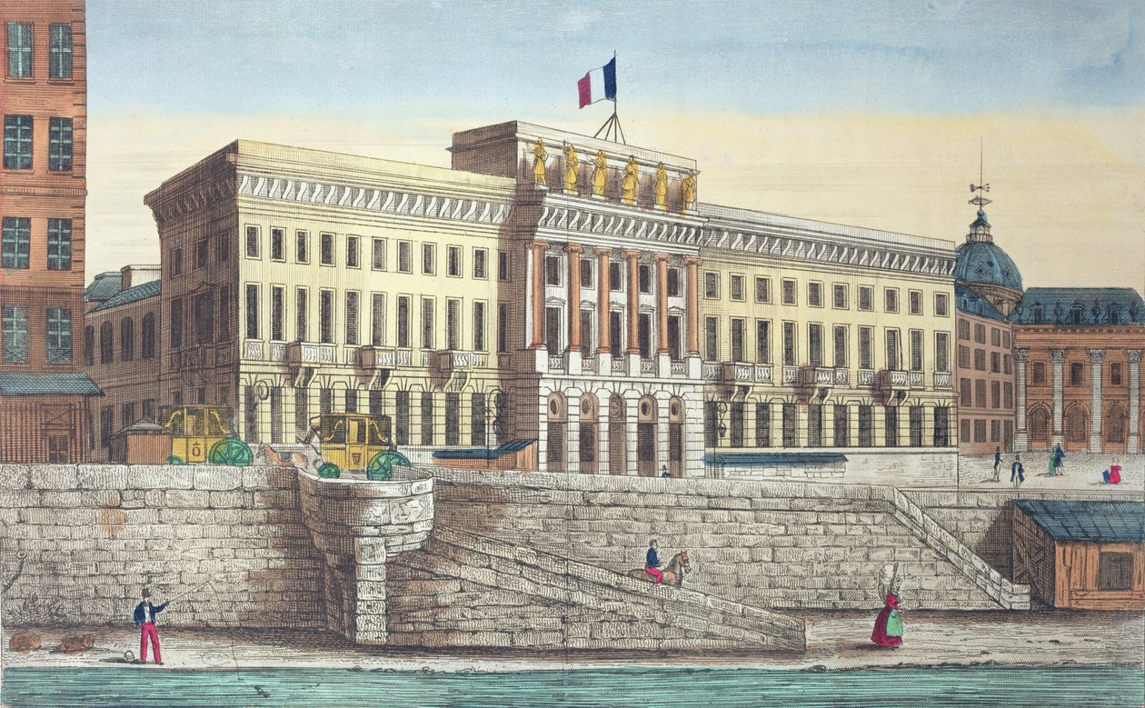 Utsikt over Hotel des Monnaies fra Pont Neuf, Paris (fargegravering) av French School
