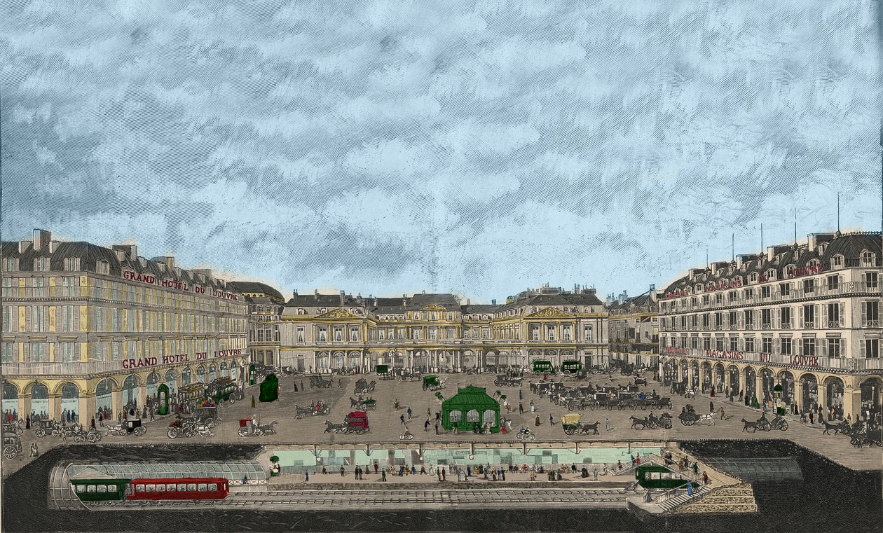 Utsikt over Palais-Royal og Rue de Rivoli med et tverrsnitt av metrostasjonen 1898 (farget etsning) av French School