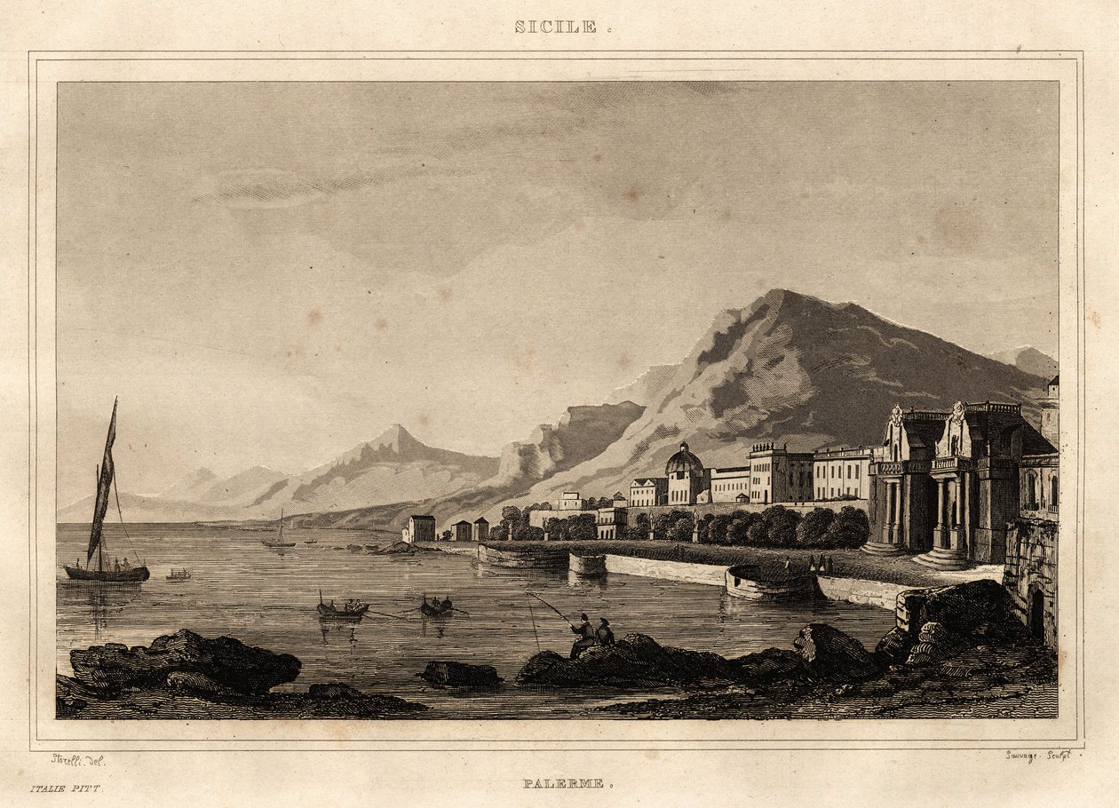 Utsikt over Palermo, Sicilia, gravering av Storelli, i "" Pittoreske Italia", Amable Coste-redaktør av French School