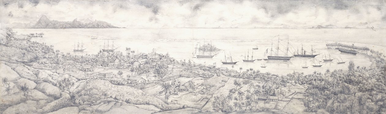 Utsikt over Papeete, Tahiti, med utsikt over havnen mot Moorea, midten av 1800-tallet av French School