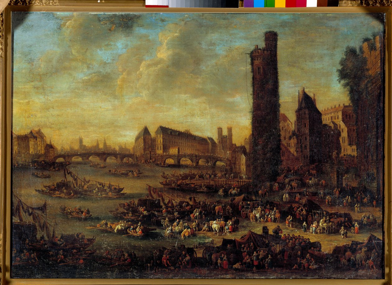 Utsikt over Paris fra Côte de la Cite tatt fra Tour de Nesles-maleriet til den franske skolen. 1650 søn. 0,59 x 0,82m Versailles. Chateau-museet av French School