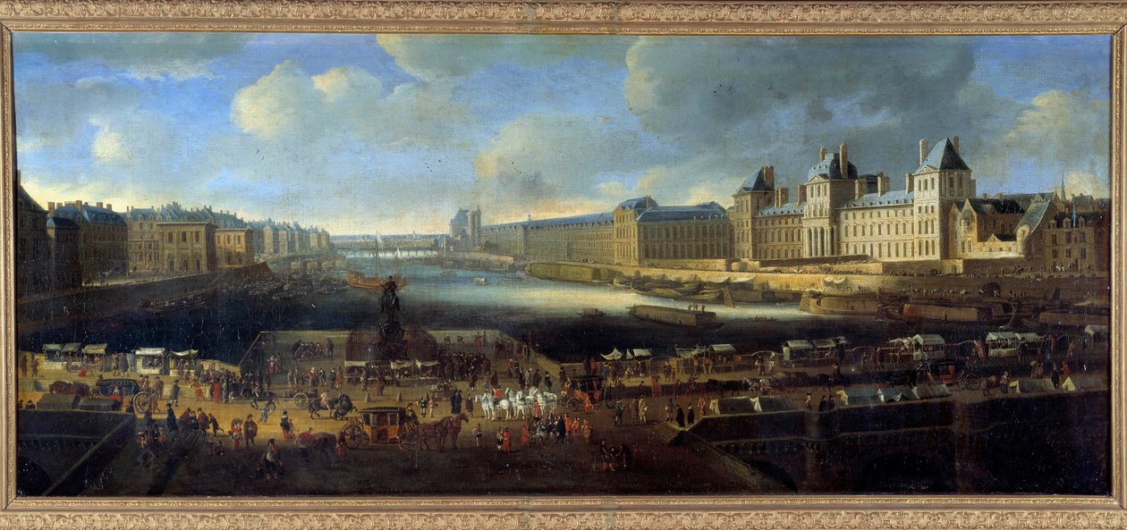 Utsikt over Paris fra Louvre-kysten tatt fra Pont Neuf-maleriet til den franske skolen på 1600-tallet av French School