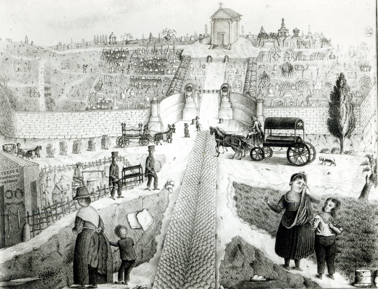 Utsikt over Pere-Lachaise kirkegård, tidlig på 1800-tallet av French School