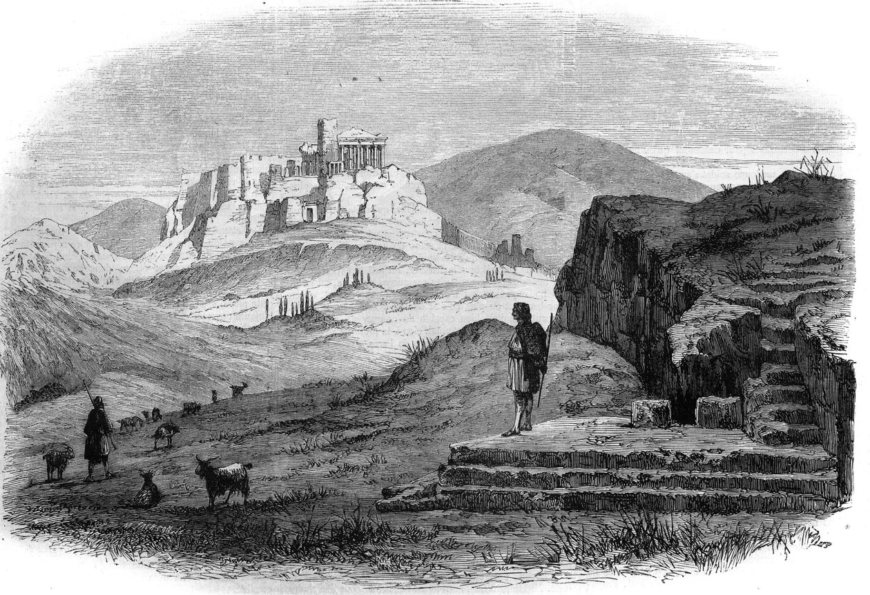 Utsikt over Pnyx, Athenes-høyden vest for Akropolis med utsikt over den gamle Agora. Gravering etter tegning av M.F. Sargeais i «The Illustrous Universe»» av French School