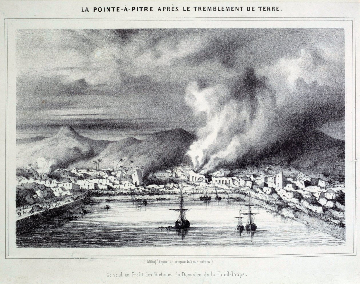 Utsikt over Pointe a Pitre (Pointe-a-Pitre) etter jordskjelvet 8/02/1843. Gravering av Chartres fra 1800-tallet, Musee des Beaux Arts av French School