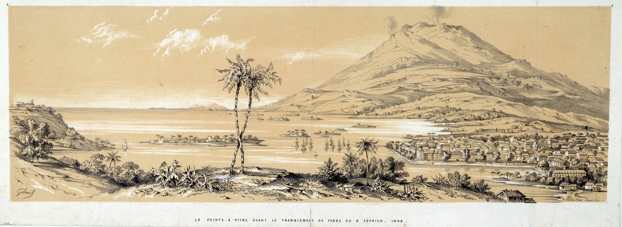 Utsikt over Pointe a Pitre (Pointe-a-Pitre) før jordskjelvet. Gravering fra 1843. Chartres, Museum of Fine Arts av French School