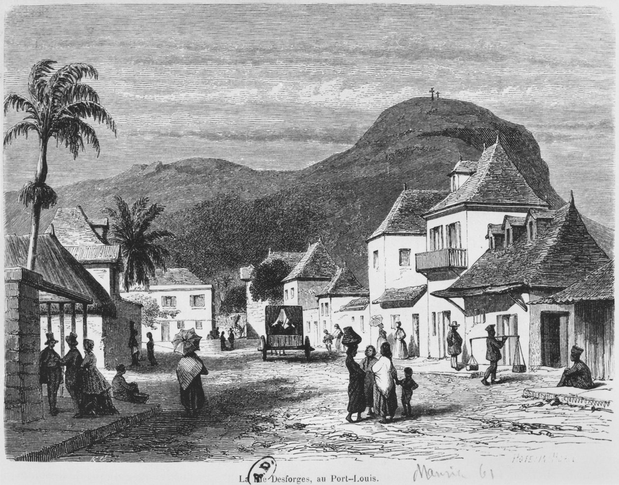 Utsikt over Port Louis, rue Desforges, Mauritius, 1861 av French School