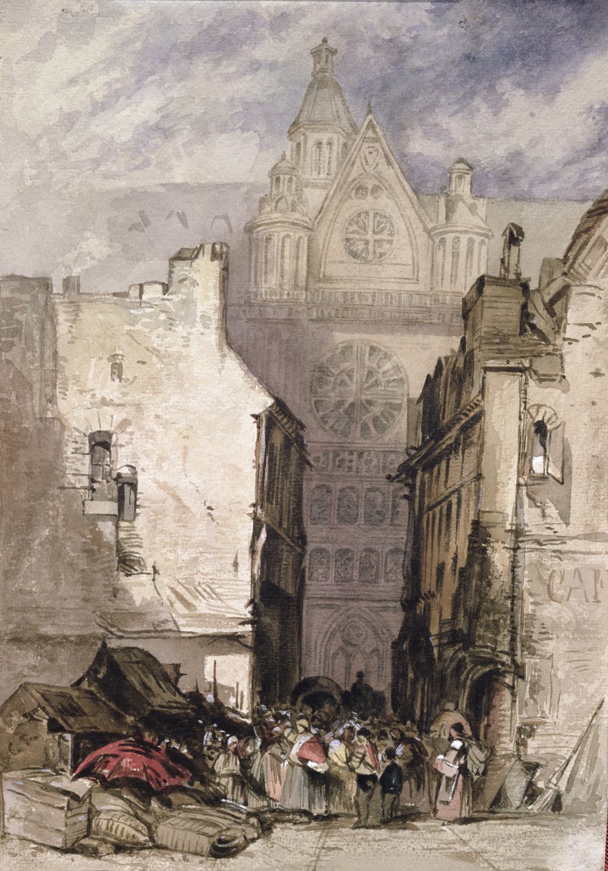 Utsikt over St. Eustache og Les Halles, ca. 1820-30 av French School