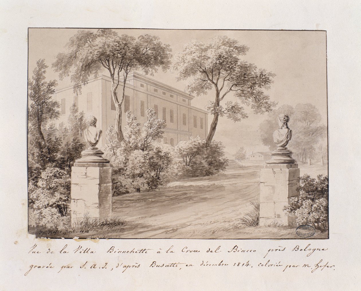 Utsikt over Villa Bianchetti i Croce del Biacco nær Bologna, gravert av S.A.I. etter Busatti, farget av M. Hofer, desember 1814 (farget gravering) av French School