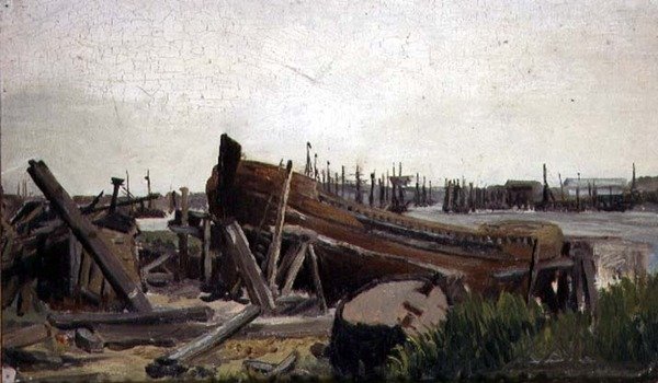 Utsikt over et verft, ca. 1860 (olje på lerret) av French School
