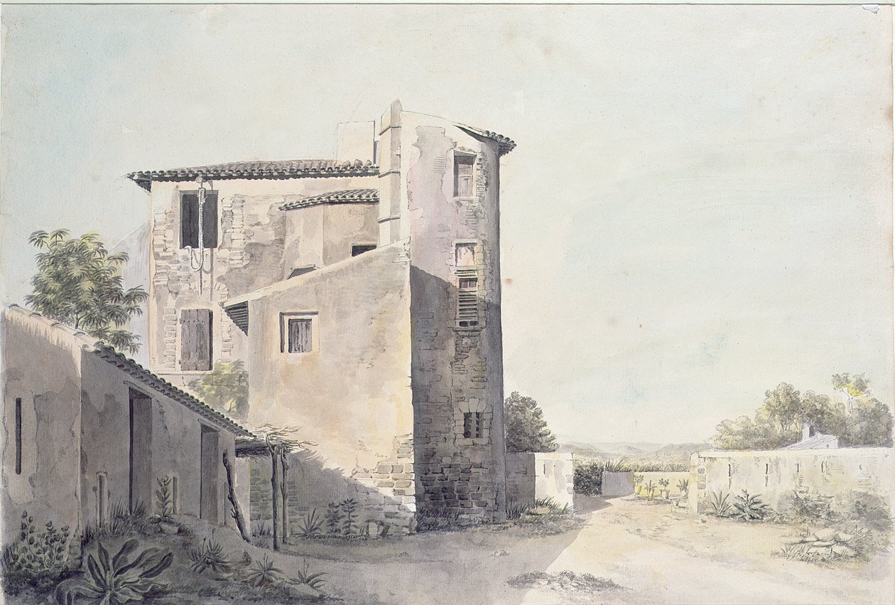 Utsikt over en landsby i Sør-Frankrike, ca. 1800 (wc på papir) av French School