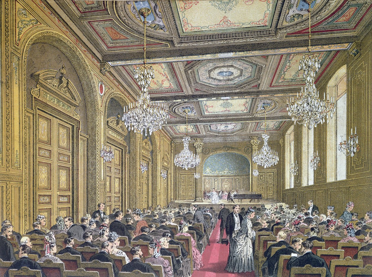 Utsikt over en konsert på Salle Herz på Rue de la Victoire, Paris, ca. 1870-80 av French School
