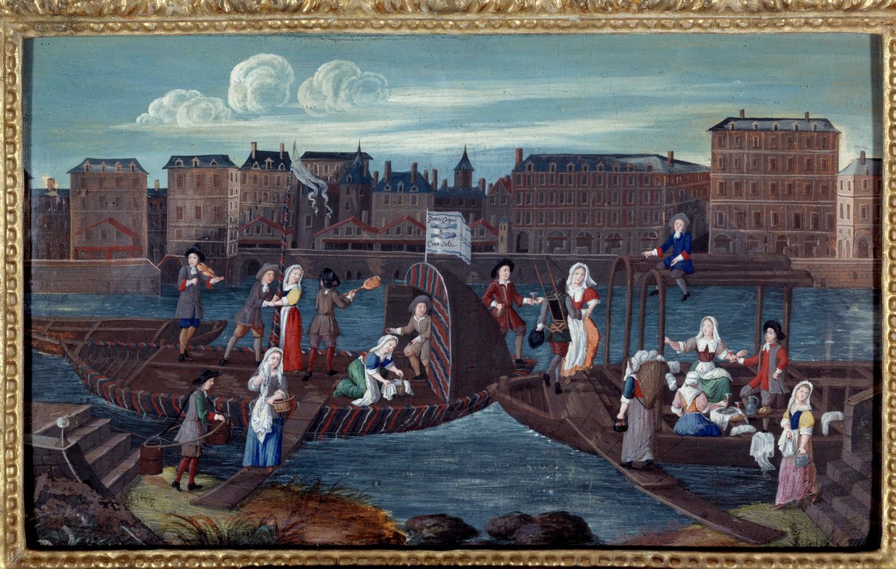 Utsikt over en fiskebåt og hvitvaskingsbåter på Quai de la Megisserie i Paris Anonymt maleri av den franske skolen. 1670. Paris, Musee Carnavalet av French School