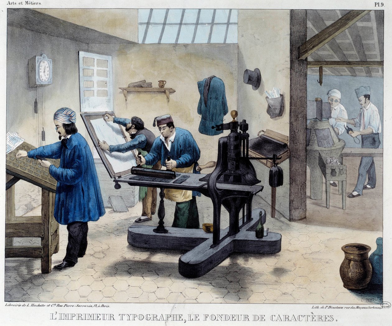 Utsikt over et trykkeriverksted: typografen og tegnmakeren. Litografi av Bineteau av French School