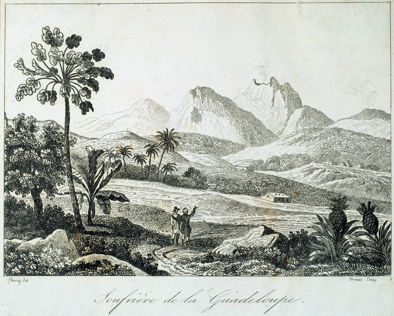 Utsikt over en soufriere i Guadeloupe. Gravering fra 1800-tallet. Chartres, Musee des Beaux Arts av French School