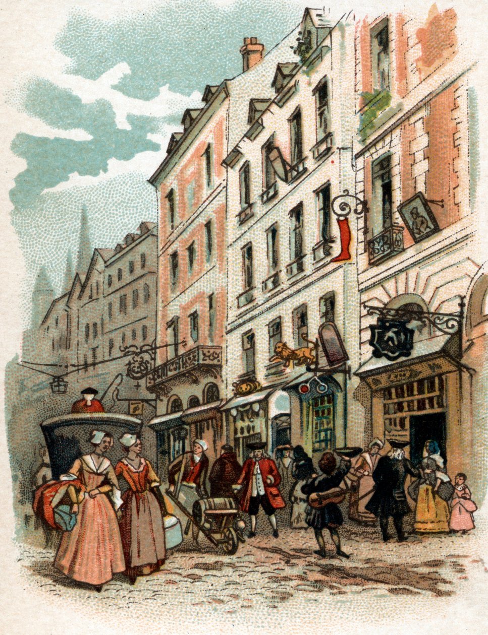 Utsikt over en gate i Paris under kong Louis XVs regjeringstid, begynnelsen av 1700-tallet Chromolithography de la fin du privatsamling fra 1800-tallet av French School