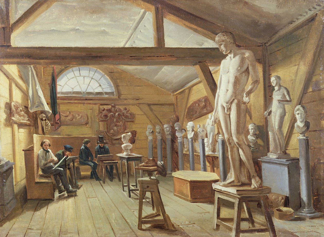 Utsikt over et atelier i en kunstskole, ca. 1840 av French School